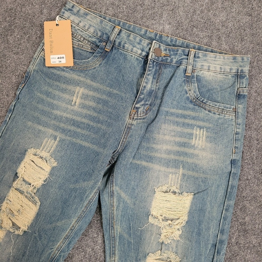 Dant Bulun 408 Mens 34x31 Distressed Ripped Jeans Light Wash Blue Straight Leg